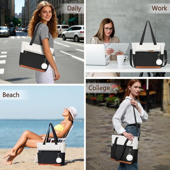 Women Black With White Multi-Pocket Waterproof Canvas Tote Bags with Zipper - Picture 6 of 6